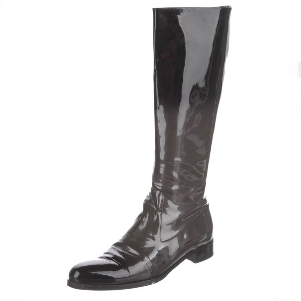 Authentic Ombre Prada Patent Leather Riding Boots in Black/Grey 41